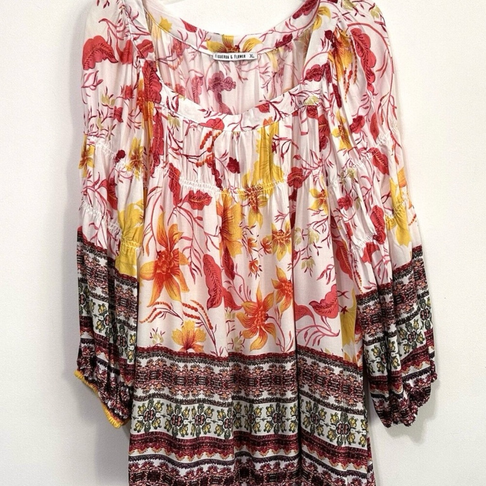 Figueroa & Flower Anthropologie Mixed Media Top XL Floral Square Neck Shirt